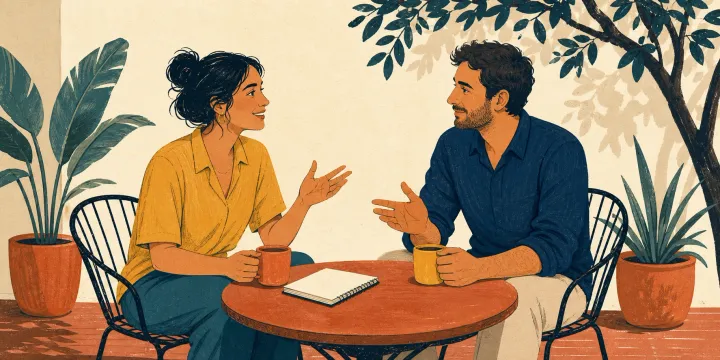 Two adults practicing conversational Spanish together on a patio