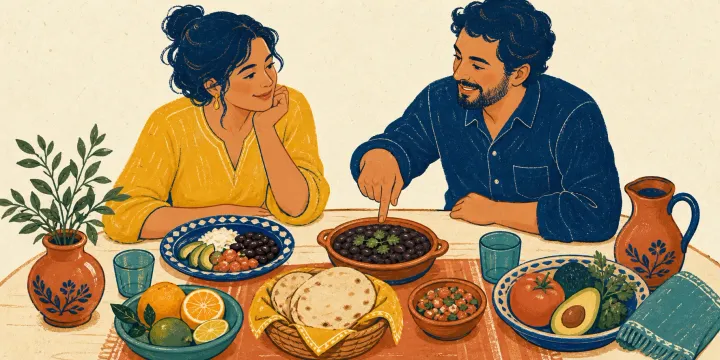 Two Spanish speakers discussing a colorful meal and its ingredients
