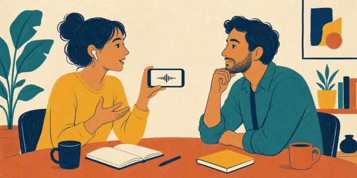 A Spanish learner recording a spoken response with a supportive practice partner