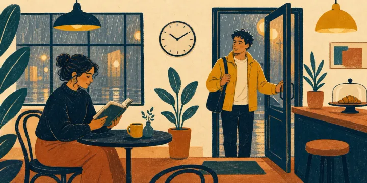 A reader in a rainy cafe as a friend arrives, illustrating Spanish past-tense storytelling