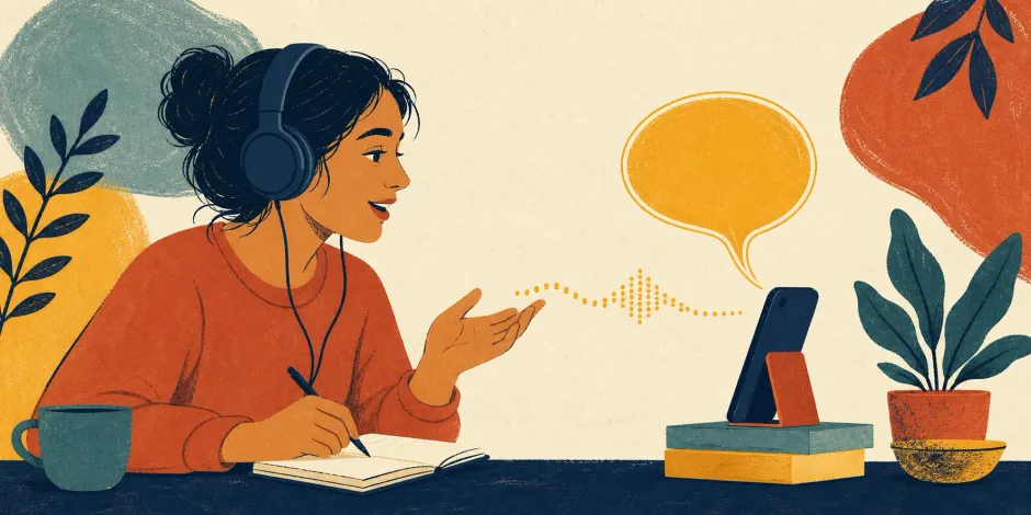 A Spanish learner practicing conversation with an AI tutor on a phone