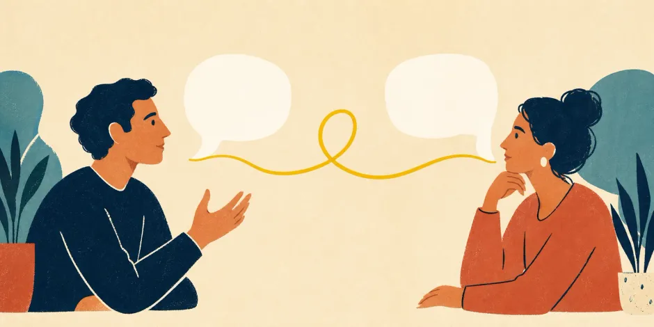 Two Spanish speakers whose ideas are joined by a flowing connector