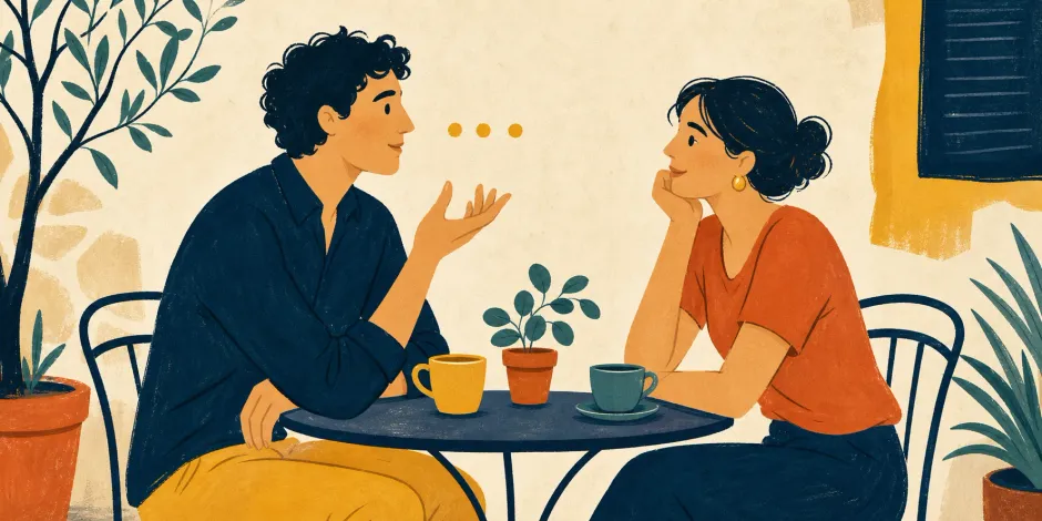 Two Spanish speakers having a relaxed conversation while one pauses to think