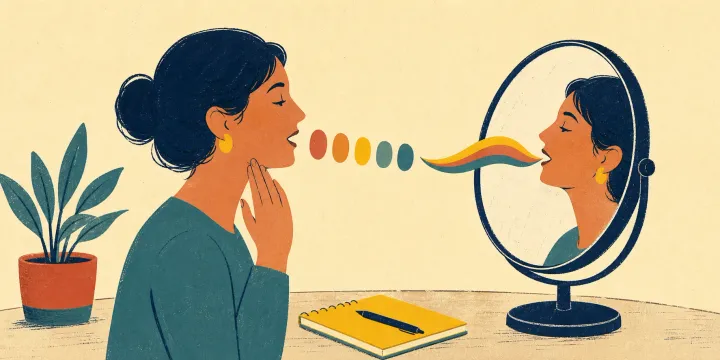 A Spanish learner practicing clear vowel sounds while watching her mouth position in a mirror