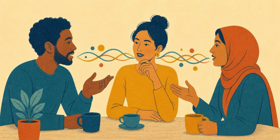 A group of adults sharing friendly regional Spanish expressions in conversation