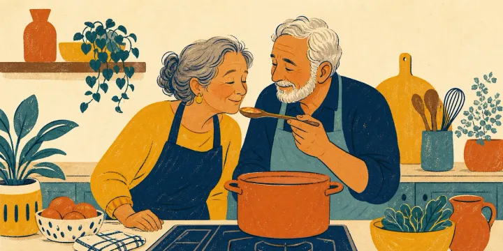 An affectionate older couple cooking together and sharing a smile