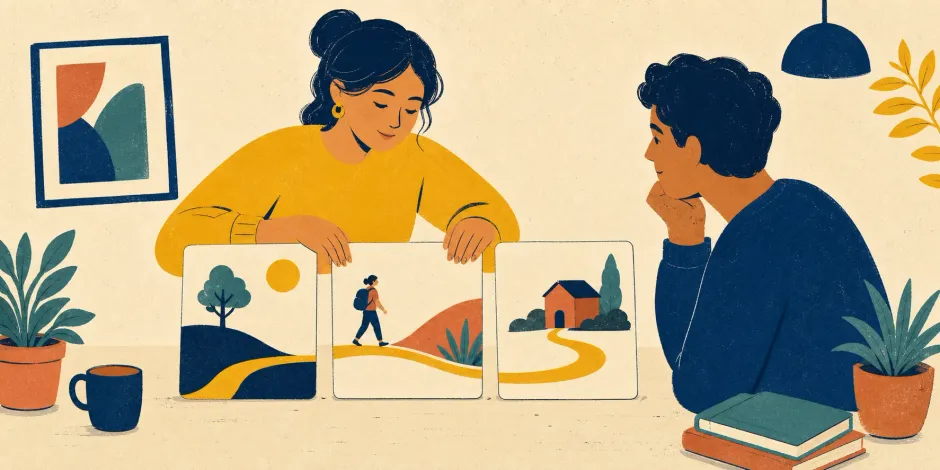 A Spanish learner arranging connected story scenes in a clear sequence